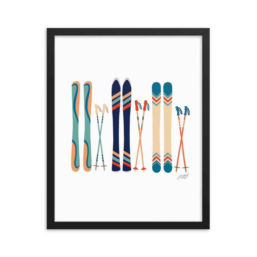 Ilustración de esquí (paleta verde azulado/naranja) - Lámina enmarcada